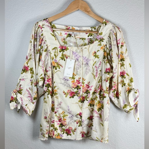 Mille Resort Travel Evelyn Top Floral Boho V-Neck 100% Cotton Blouse Size Large - Picture 3 of 9